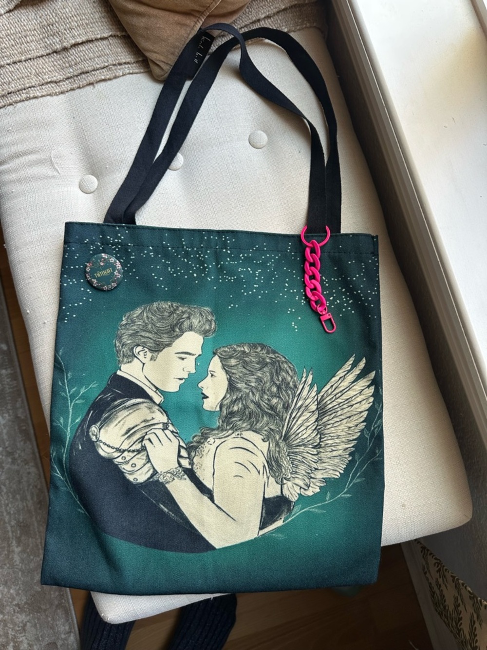 Twilight Tote Bag with Pink Chain and Pin